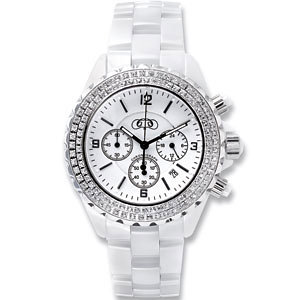 Men's White Chrono Ceramic Couture Watch with Round Cubic Zirconia Face.