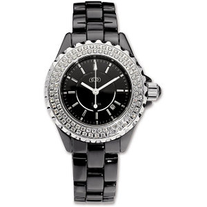 Ladies Black with Sapphire Crystals, Round CZ Face, Swiss Movement Ceramic Couture Watch.