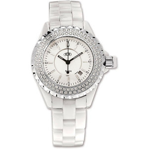 Ladies White with Sapphire Crystals, Round CZ Face, Swiss Movement Ceramic Couture Watch.