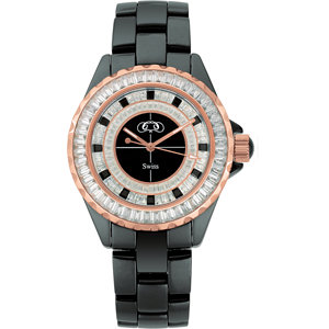 Women's Black Ceramic Couture Watch Swiss Movement with Black and White CZ.