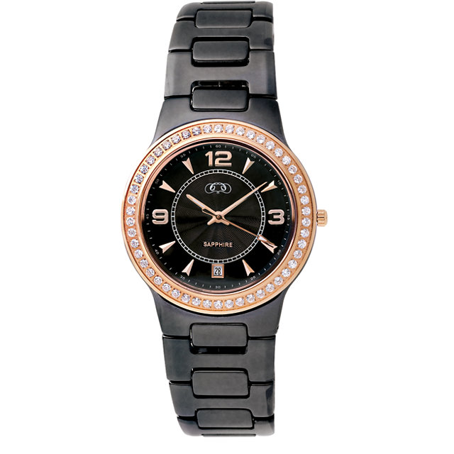 Men's Black Ceramic Couture Watch with Round Rose Gold IP Cubic Zirconia Face.