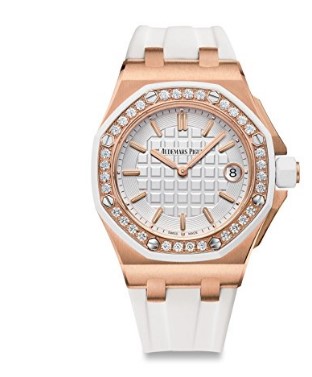 AP Audemars Piguet Ladies Rose Gold Royal Oak Offshore Diamond Bezel White Rubber.