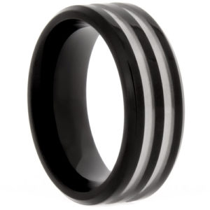 8mm Black Titanium Grooved Comfort Fit Ring, Sizes 5 to 13.