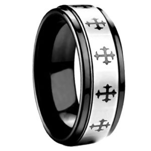 8mm comfort fit tungsten band lightly tinted in bronze with black crosses.