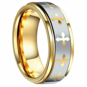 Gold and grey tungsten cross ring.