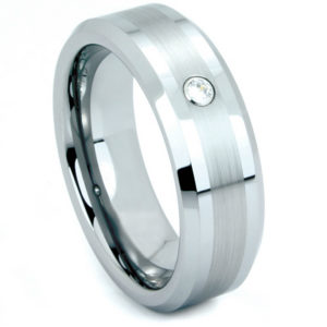 Tungsten Brushed Satin CZ Comfort Fit Band with Polished Beveled Edges, Sizes 5 to 13.