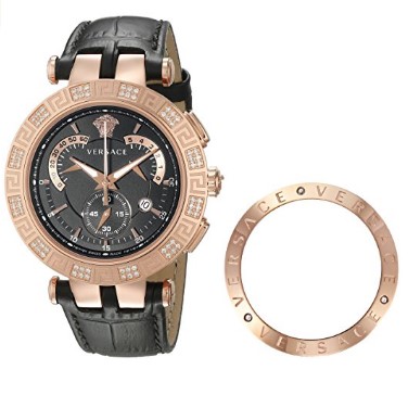 Versace Men's 23C82D008 S009 V-Race Diamond-Accented Rose Gold Ion-Plated Watch with Black Leather Band.