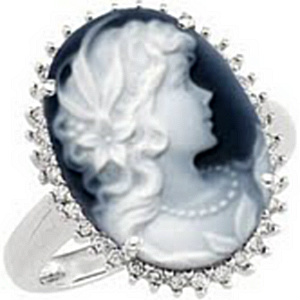 14k White Gold Victorian Cameo Diamond Halo Ring A.