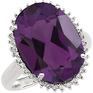 14k White Gold Amethyst and Diamond Halo Ring.