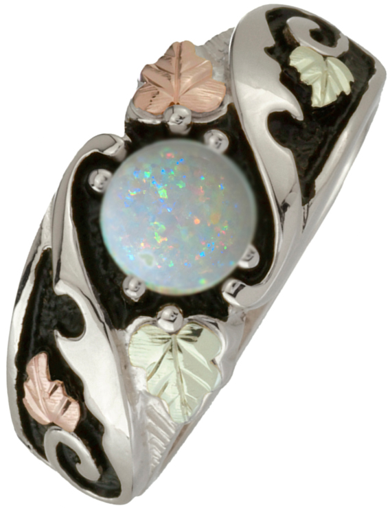 Opal Antiqued Ring in Sterling Silver and Black Hills Gold 12k Pink Gold and 12k Green Gold Hand Sculptured Grape Leaves.