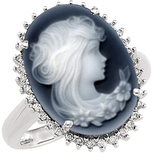 14k White Gold Victorian Lady Black Agate Cameo and Diamond Halo Ring B.