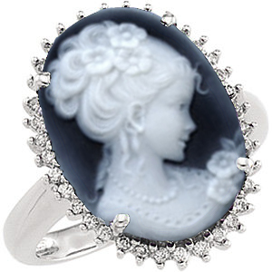 14k White Gold Victorian Woman Black Agate Cameo and Diamond Halo Ring C.