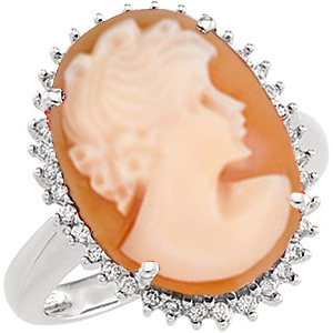 14k White Gold Orange Shell Cameo and Diamond Halo Ring.