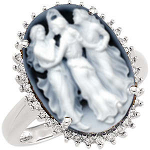 14k White Gold Victorian Ladies Black Agate Cameo and Diamond Halo Ring.