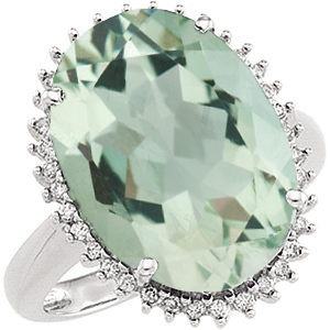 14k White Gold Checkerboard Green Quartz and Diamond Halo Ring.