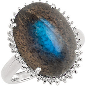 14k White Gold Labradorite Cabochon and Diamond Halo Ring.