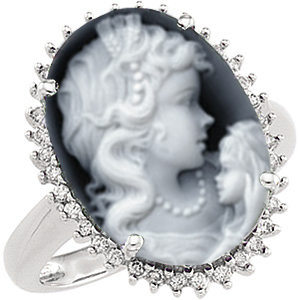 14k White Gold Mother and Child Black Agate Cameo and Diamond Halo Ring.