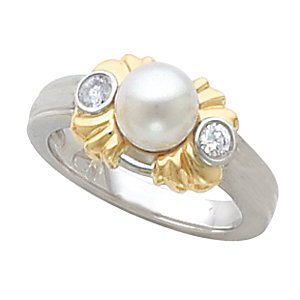 Platinum and Yellow Gold Pearl and Two Diamond Ring, sizes 3 to 6.