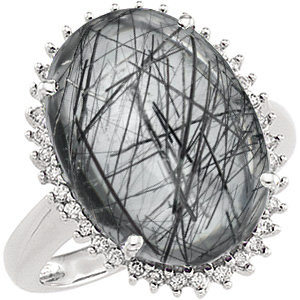 14k White Gold Tourmalinated Black Needles Quartz and Diamond Halo Ring.