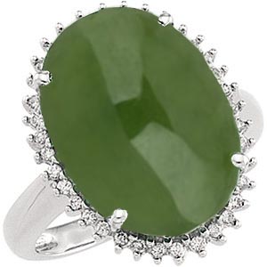 14k White Gold Nephrite Jade Diamond Halo Ring.