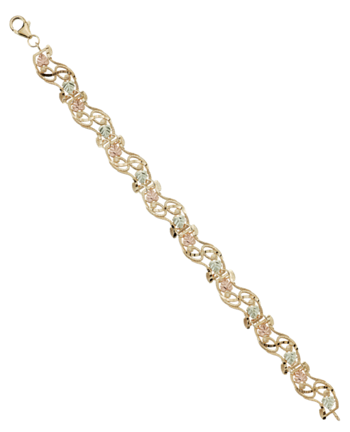 Women's Tricolor Omega Wave Bracelet in 10k Yellow Gold, 12k Green and Rose Gold Black Hills Gold Motif, 7.25"