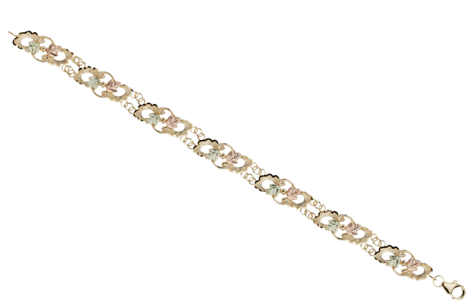 Women's Diamond-Cut and Loop Link Grape Leaf Chain Bracelet in 10k Yellow Gold, 12k Green and Rose Gold Black Hills Gold Motif