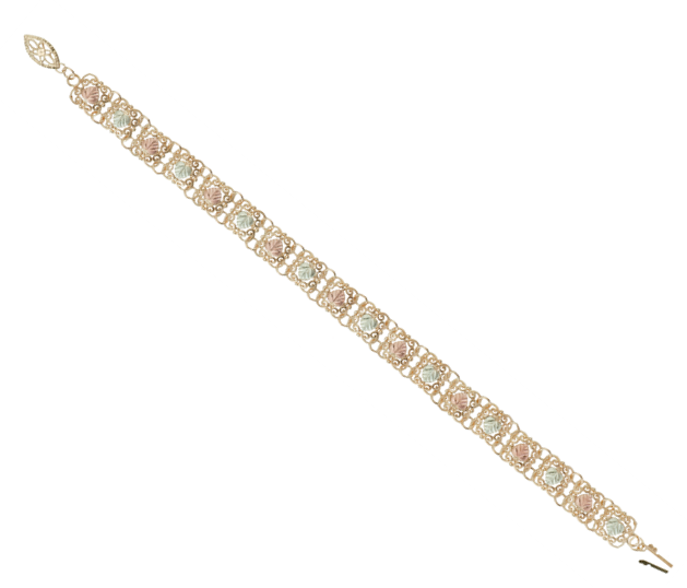 Women's Tricolor Filigree Box Link Bracelet in 10k Yellow Gold, 12k Green and Rose Gold Black Hills Gold Motif