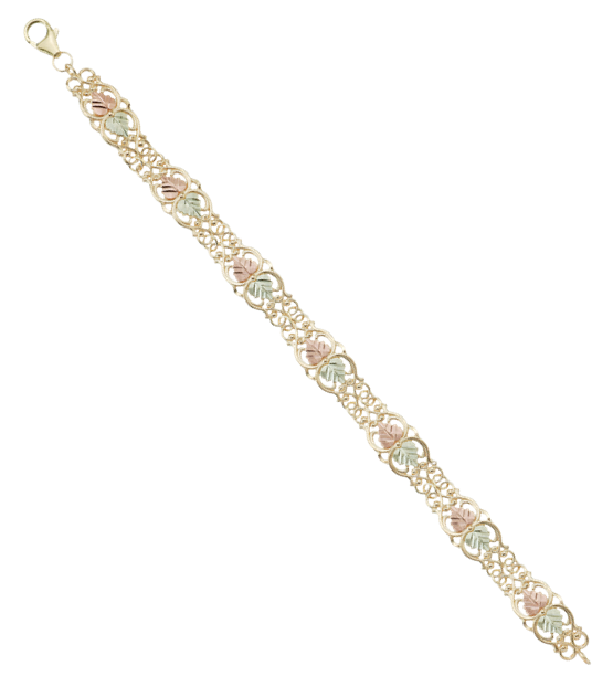 Fleur-de-Lis Filigree Link Bracelet with 10k Yellow Gold, 12k Green and Rose Gold Black Hills Gold Motif, 7"