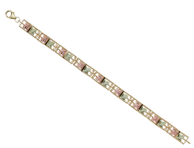 Tricolor Etruscan Style Granulated Bead Edge Box Link Bracelet in 10k Yellow Gold, 12k Green and Rose Gold Black Hills Gold Motif