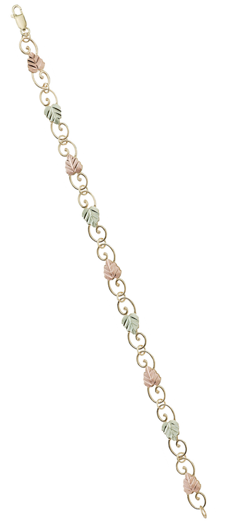 Women's Filigree Scroll Link Bracelet with 10k Yellow Gold, 12k Green and Rose Gold in Black Hills Gold Motif, 7.50"