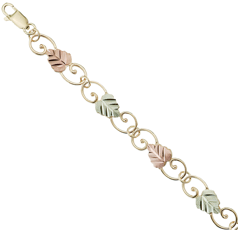 Women's Filigree Scroll Link Bracelet with 10k Yellow Gold, 12k Green and Rose Gold in Black Hills Gold Motif