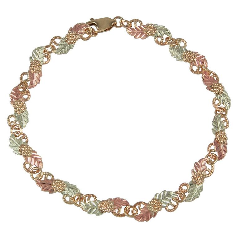 Women's Tricolor Scalloped Grape Cluster Link Bracelet in 10k Yellow Gold, 12k Green and Rose Gold Black Hills Gold Motif, 7"