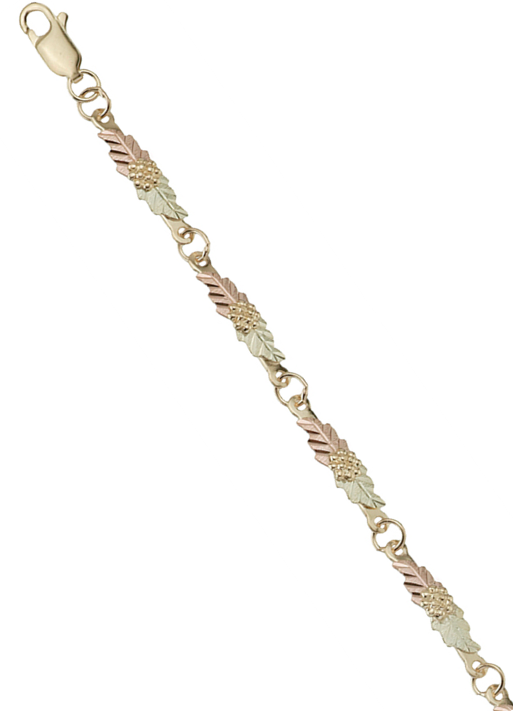 Women's Tricolor Link Bracelet with Twin Leaves and Grape Clusters Sterling Silver, 12k Green and Rose Gold Black Hills Gold Motif 7.25"