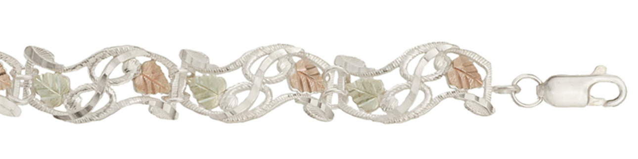 Sterling silver, 12k pink gold, 12k rose gold scallop edged bracelet with grape leaves.