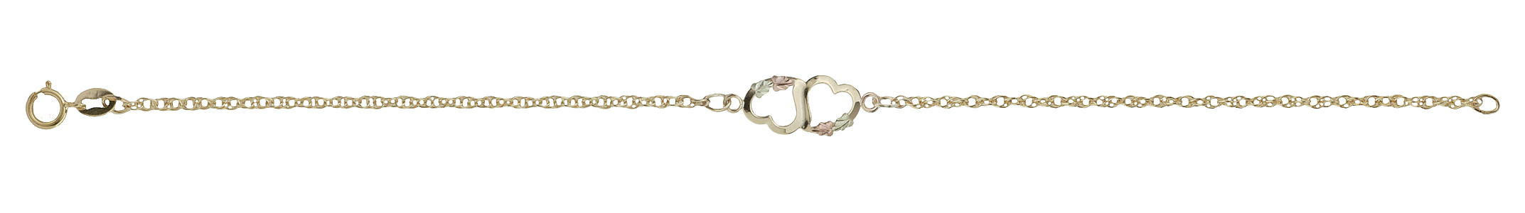 10k yellow gold two heart bracelet with a delicate 12k green gold and 12k rose gold hand-sculpted grape leaf.