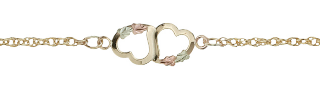 Black Hills Gold double hearts ankle bracelet, 10k yellow gold, 12k rose gold, 12k green gold.  