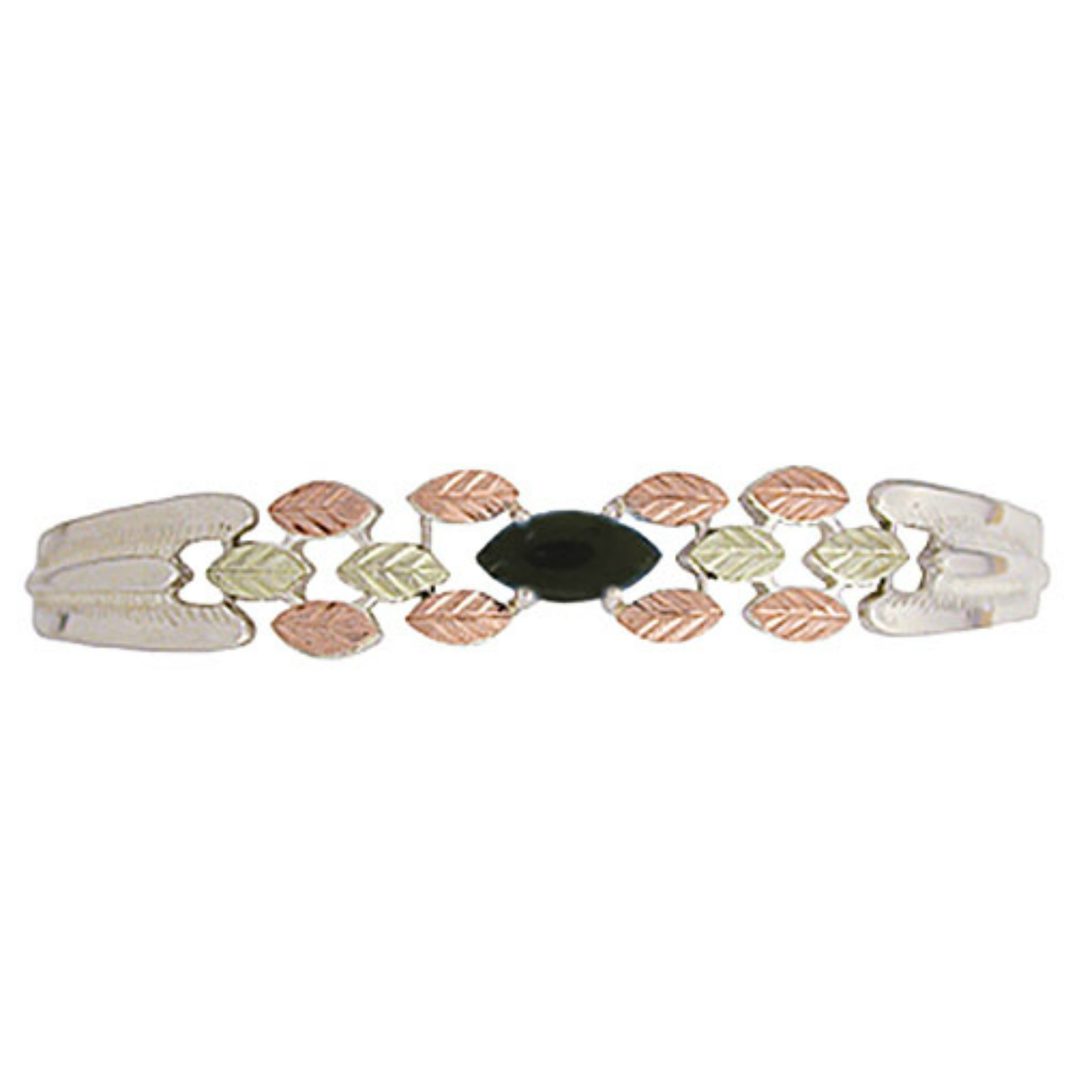 Onyx Cabochon Marquise Cuff Bracelet, Sterling Silver, 12k Green and Rose Gold Black Hills Gold Motif