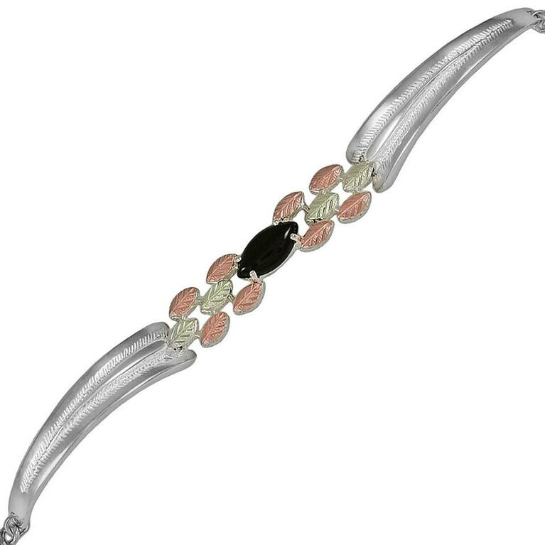 Onyx Cabochon Marquise Cuff Bracelet, Sterling Silver, 12k Green and Rose Gold Black Hills Gold Motif