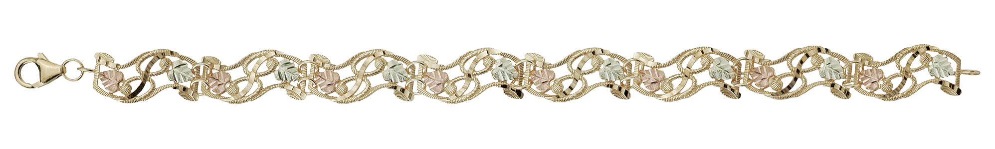 10k yellow gold bracelet with diamond-cut scalloped eges and 12k rose gold and green gold grape leaves.