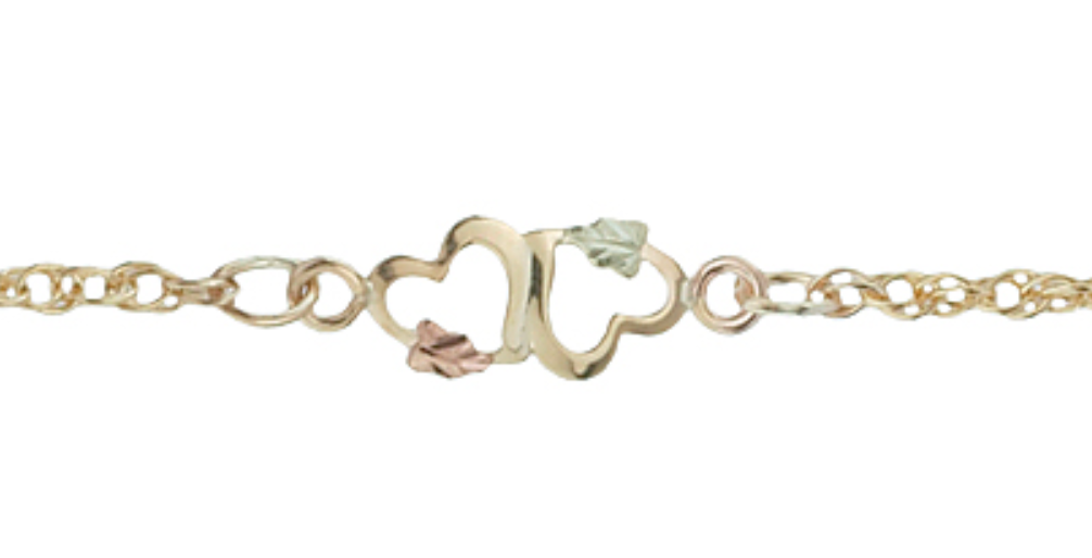 Double Heart Ankle Bracelet, 10k Yellow Gold, 12k Green and Rose Gold Black Hills Gold Motif