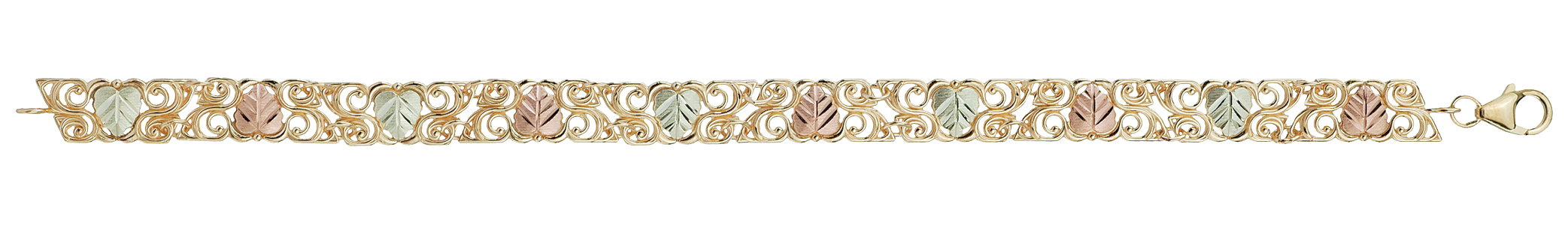 10k yellow gold bracelet with intricate filigree embracing hand sculptured grape leaves in Black Hills Gold motif.