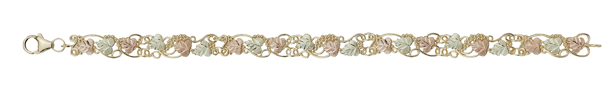 Gorgeously refined yellow gold filigree vining grape clusters and leaves in Black Hills Gold.