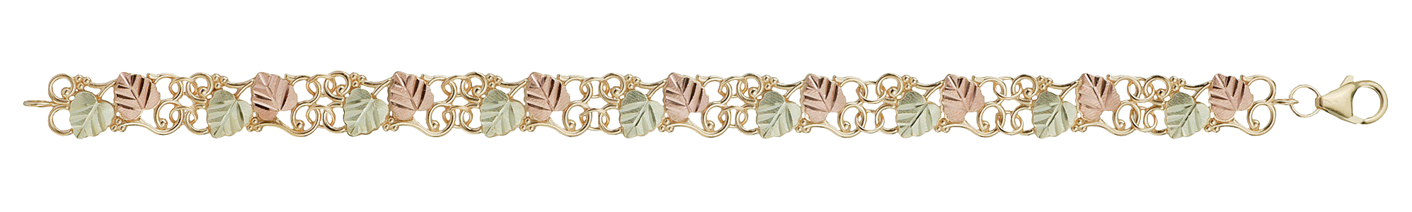 Beautiful loop and leaf link yellow golld, green gold, pink gold bracelet.