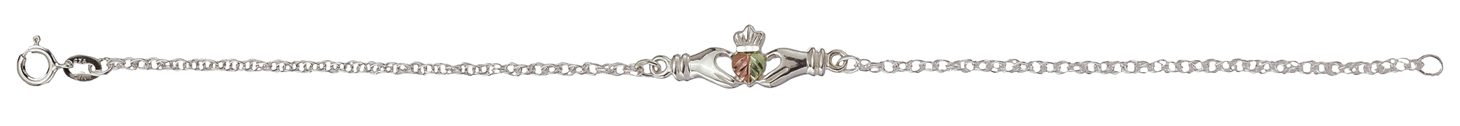 Black Hills Gold motif sterling silver claddagh bracelet with crown, loyal hands and the 12k rose and green gold leaf.