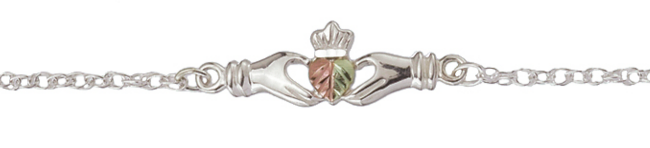 Black Hills Claddagh sterling silver, green gold, rose gold ankle bracelet.