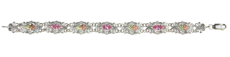 Pink CZ Leaf Bracelet, Sterling Silver, 12k Green and Rose Gold Black Hills Gold Motif