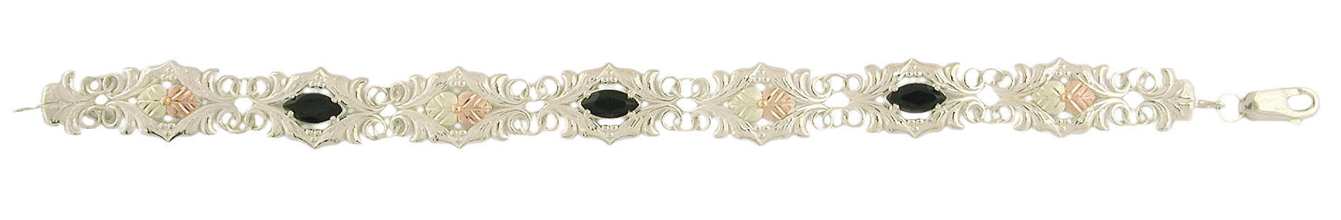 1.41 Ct Onyx Marquise, sterling silver, 12k rose gold, 12k green gold bracelet with three faceted mrquise onyx gemstones, hand-sculptured grape leafs in a Victorian style setting.