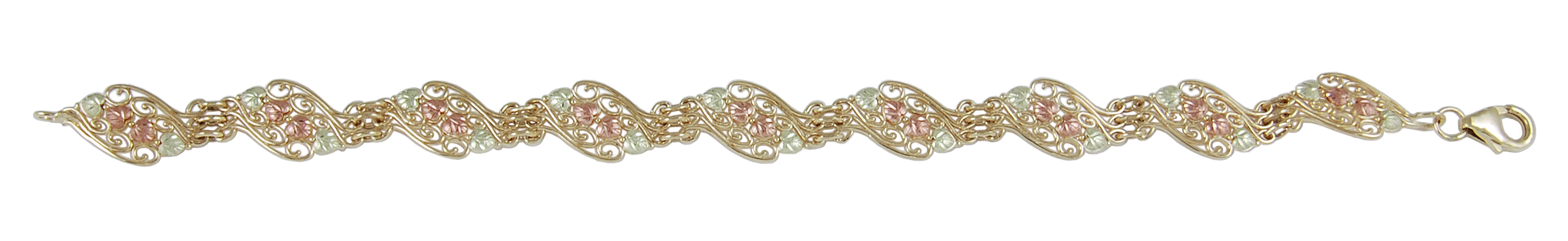 Gorgeous, stunning, and unforgettable are a few words used to describe this bracelet. It is comfortable and lightweight, as well. Artistically crafted yellow gold filigree weave the green gold and rose gold grape leaves through-out the entire length of the bracelet.