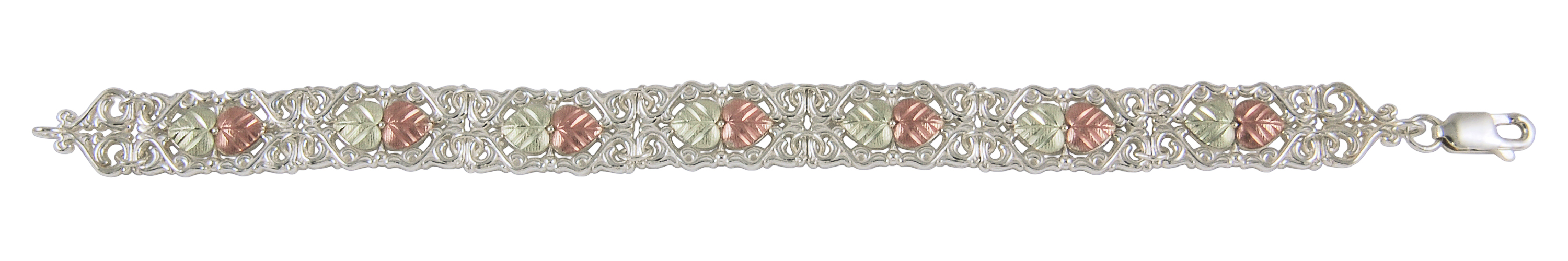 Black Hills Gold sterling silver filigree Victorian inspired bracelet with two-tone 12k rose gold and green gold  grape leaves in Black Hills Gold motif.