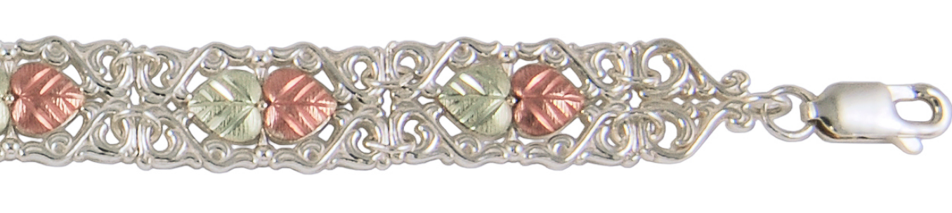 Victorian style links weave 2-tone gold grape leaves in sterling silver filigree, close up. 